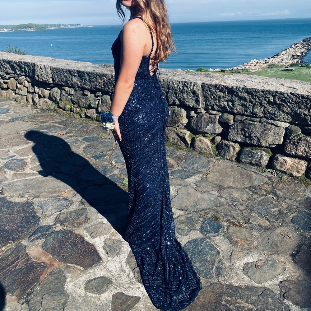 Navy blue beaded gown with train